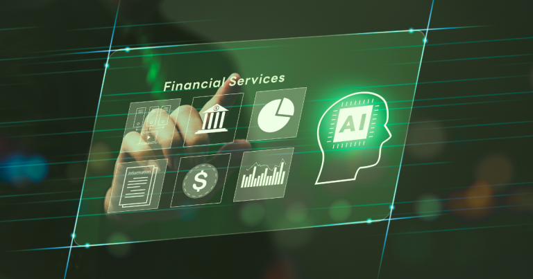 Hand pointing to screen with financial services and AI icons