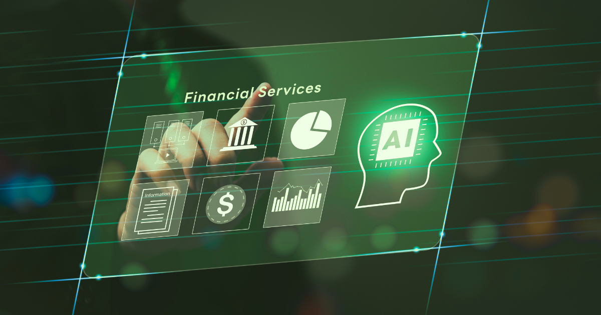 Hand pointing to screen with financial services and AI icons
